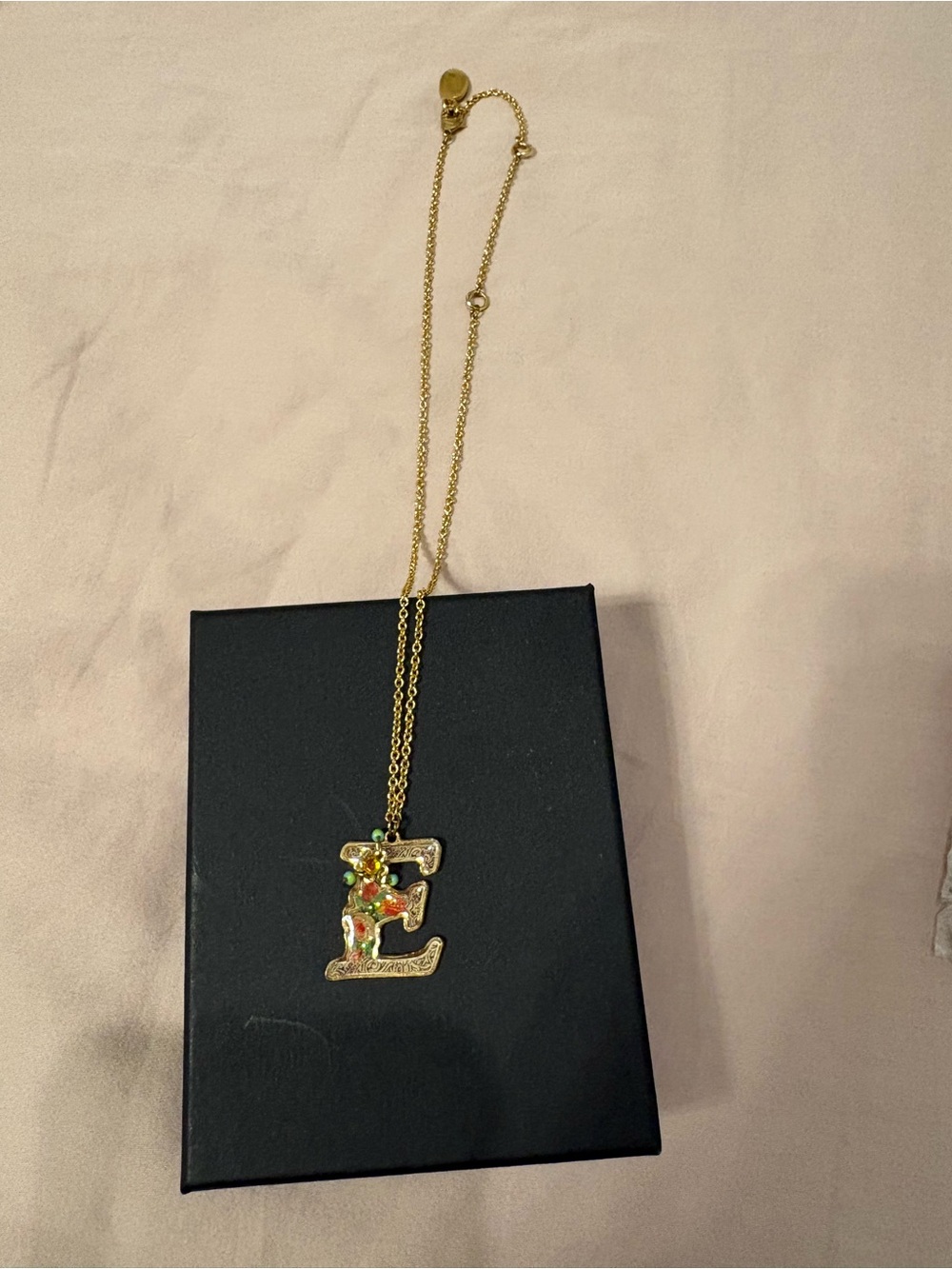 Michal Negrin Vintage Gold-tone 'E' Initial Necklace with Multicolor Accents